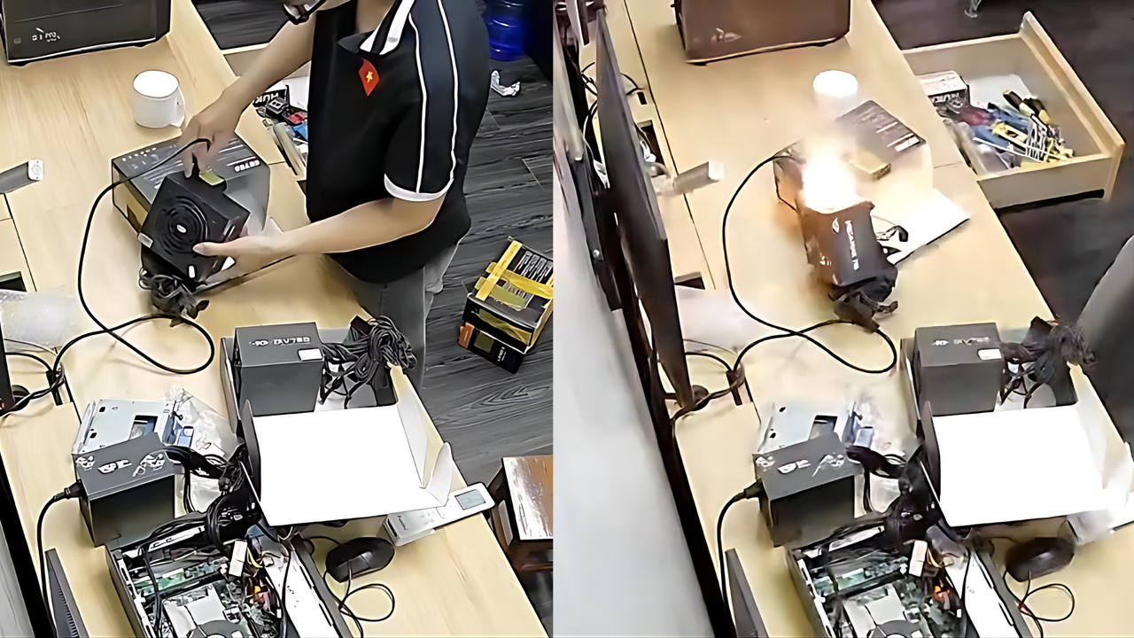 Questionable PC power supply ‘explodes,’ bursts into flames the moment it’s plugged into a socket in viral video — video captures moment repair shop worker avoids disaster